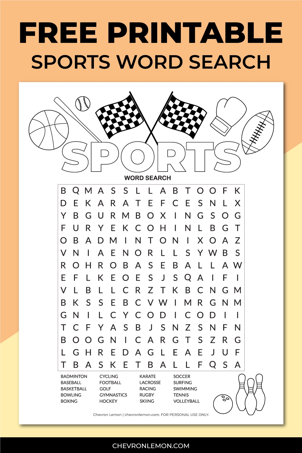 Printable Sports Word Search Puzzle Chevron Lemon