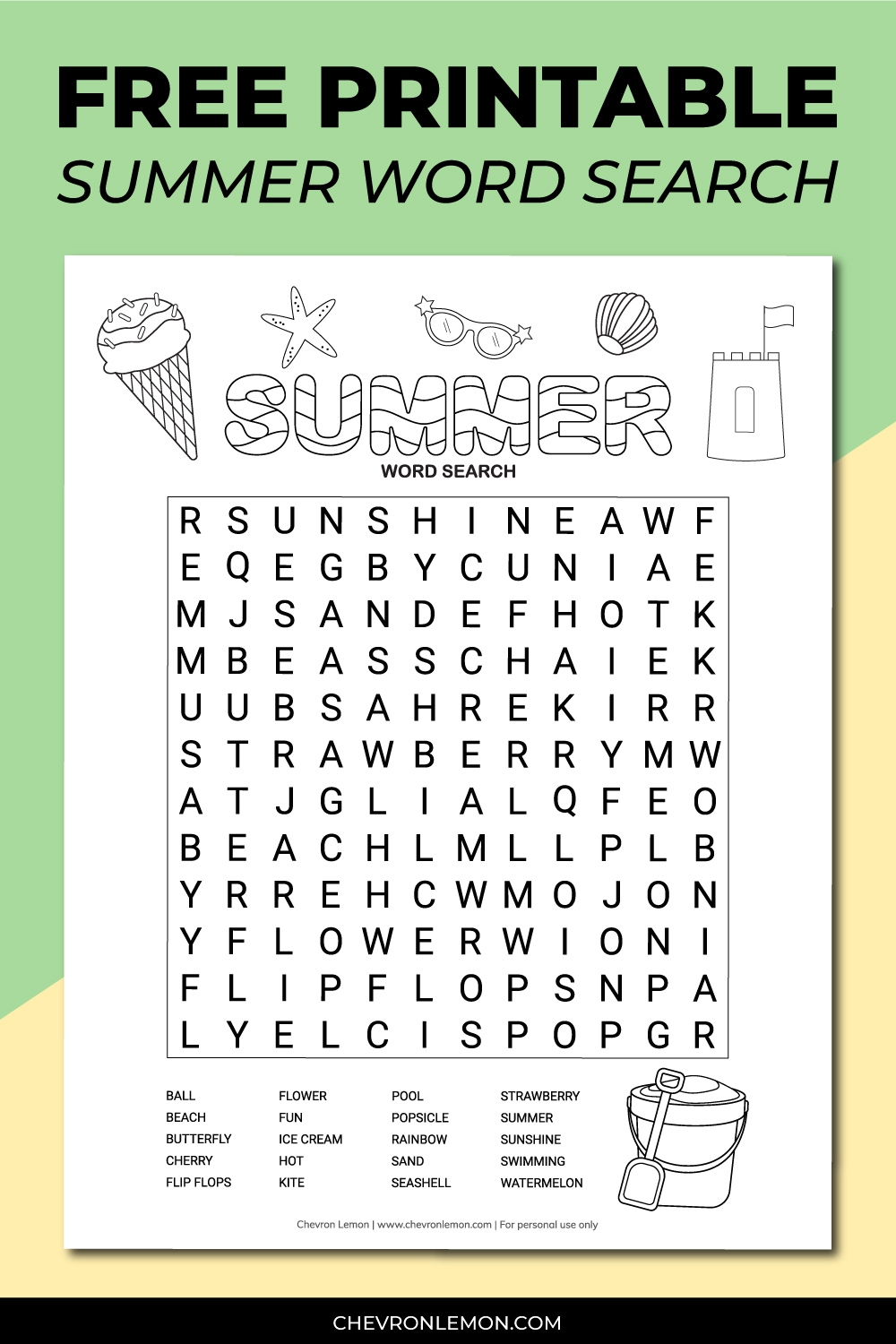 Printable Summer Word Search Chevron Lemon