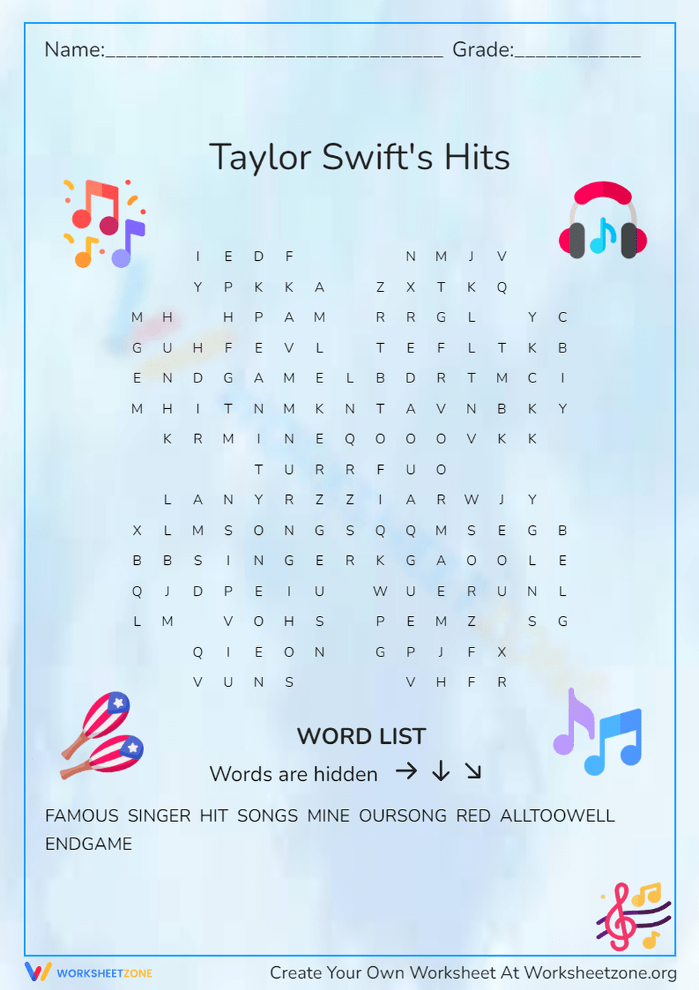 Printable Taylor Swift Word Search Worksheets Download