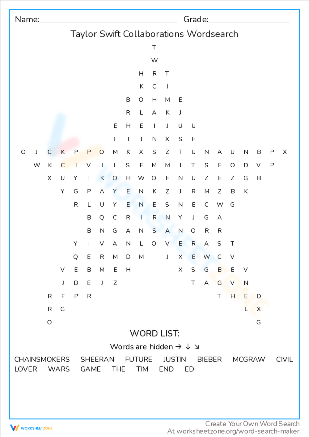 Printable Taylor Swift Word Search Worksheets Download