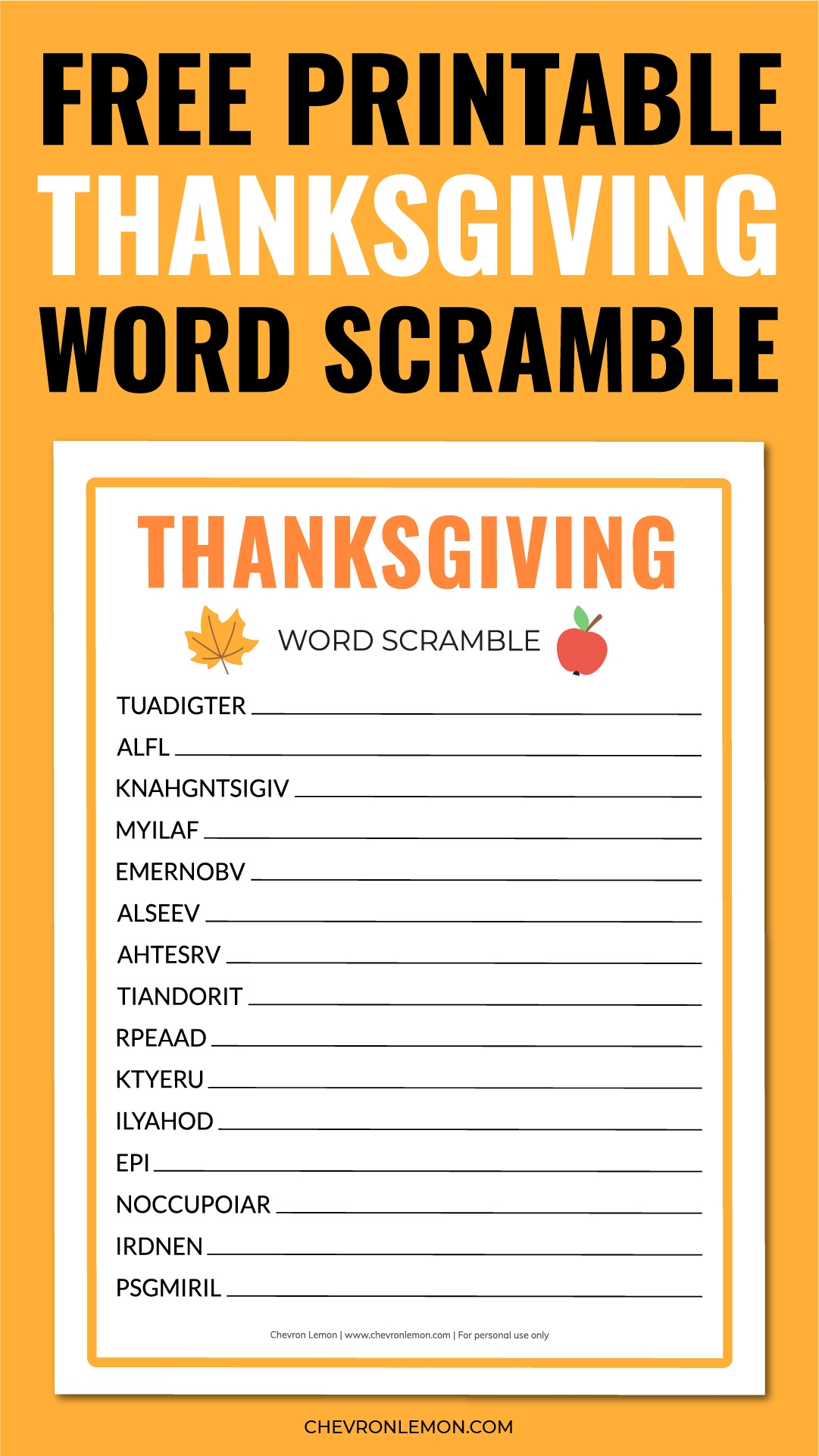 Printable Thanksgiving Word Scramble Chevron Lemon