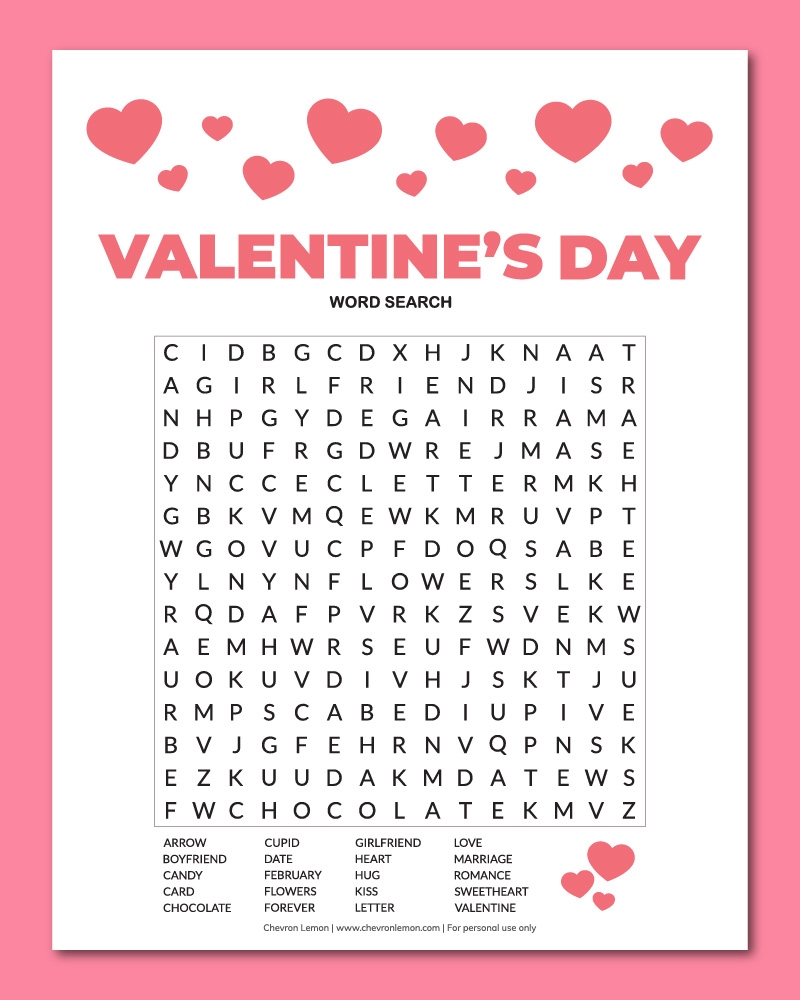 Printable Valentine s Day Word Search Chevron Lemon