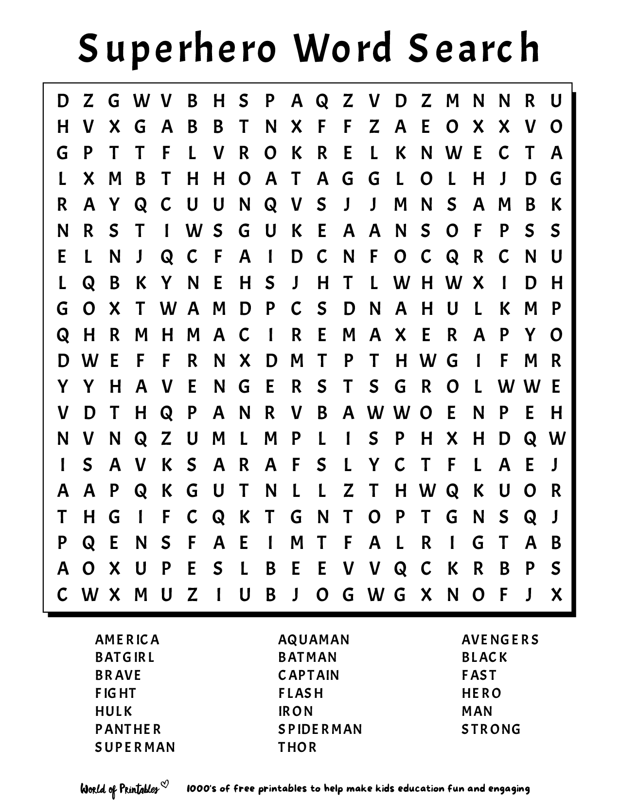 Childrens Printable Word Search