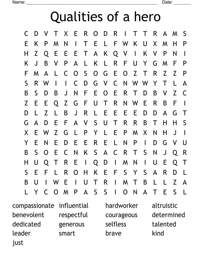 Qualities Of A Hero Word Search WordMint
