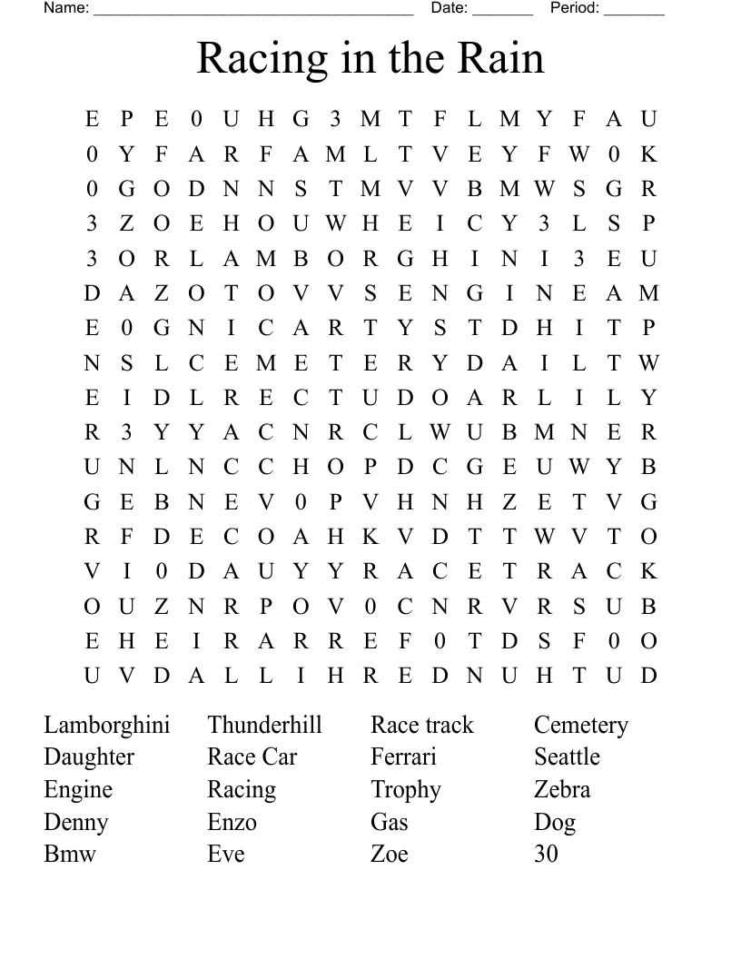 Racing In The Rain Word Search WordMint