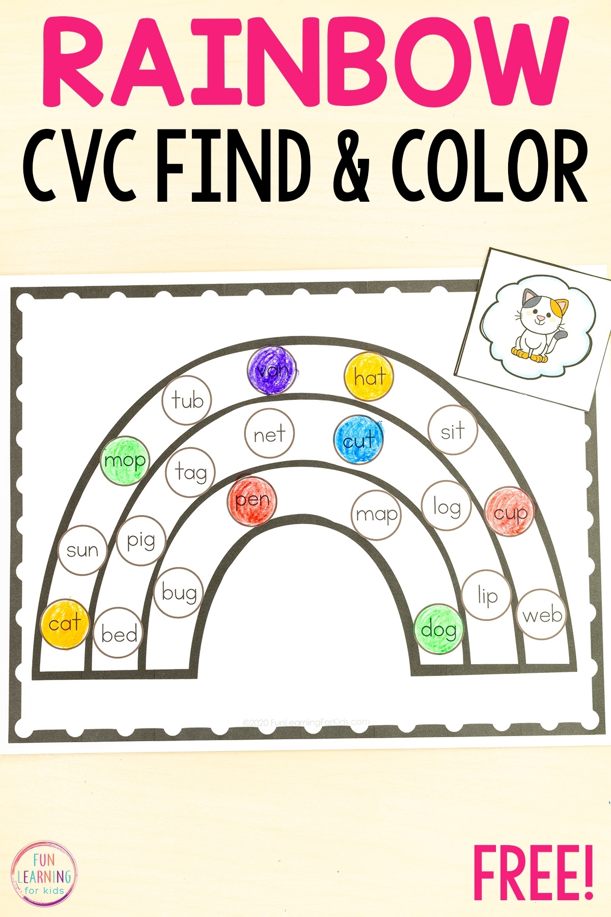 Rainbow CVC Word Find Color Sheets