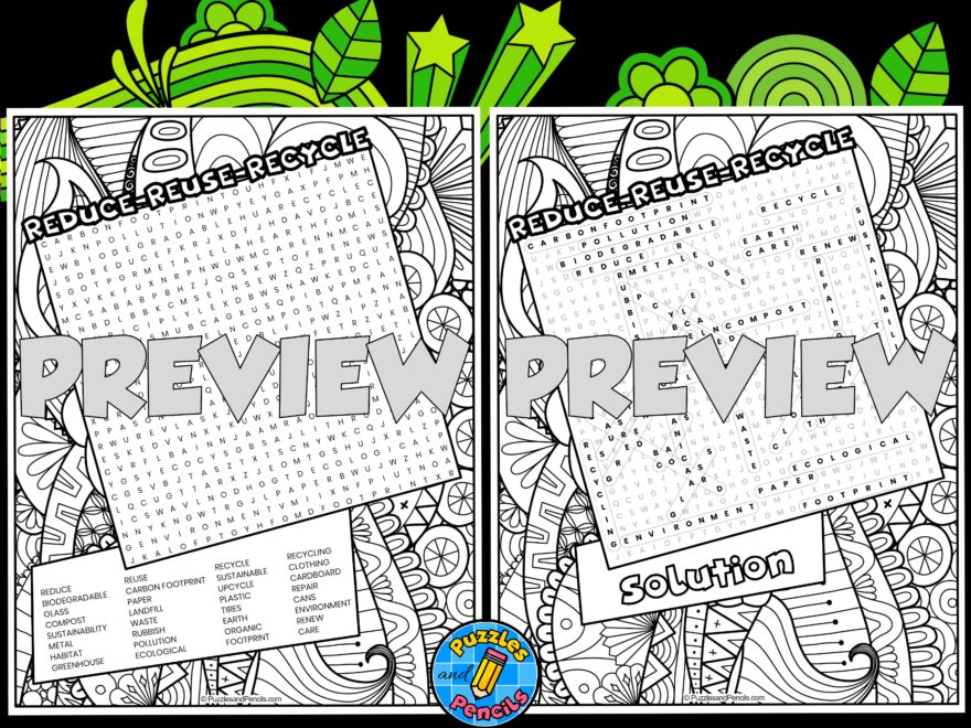Reduce Reuse Recycle Word Search Puzzle With Colouring Earth Day Wordsearch Teaching Resources
