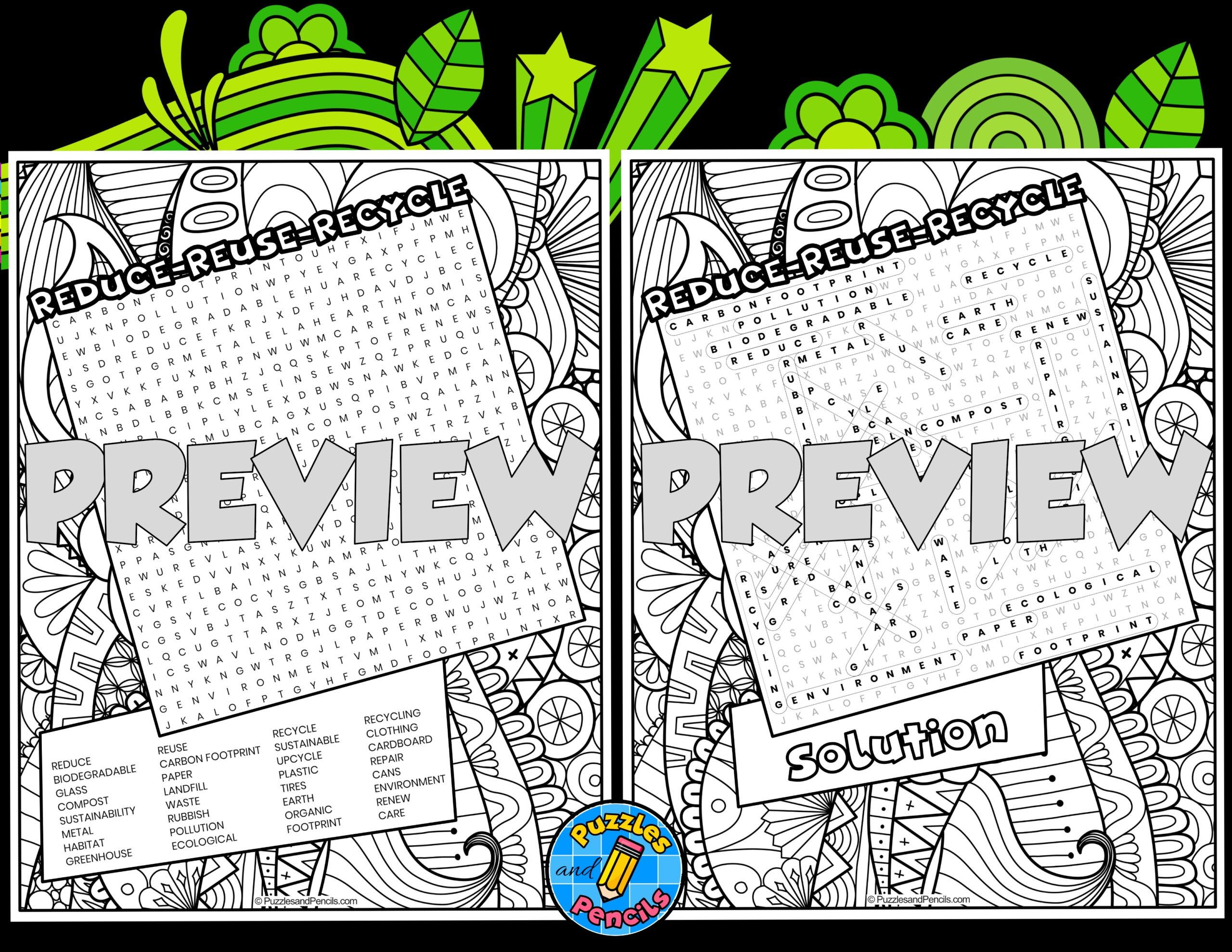 Reduce Reuse Recycle Word Search Puzzle With Colouring Earth Day Wordsearch Teaching Resources