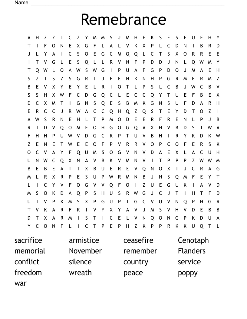 Remembrance Day Word Search WordMint