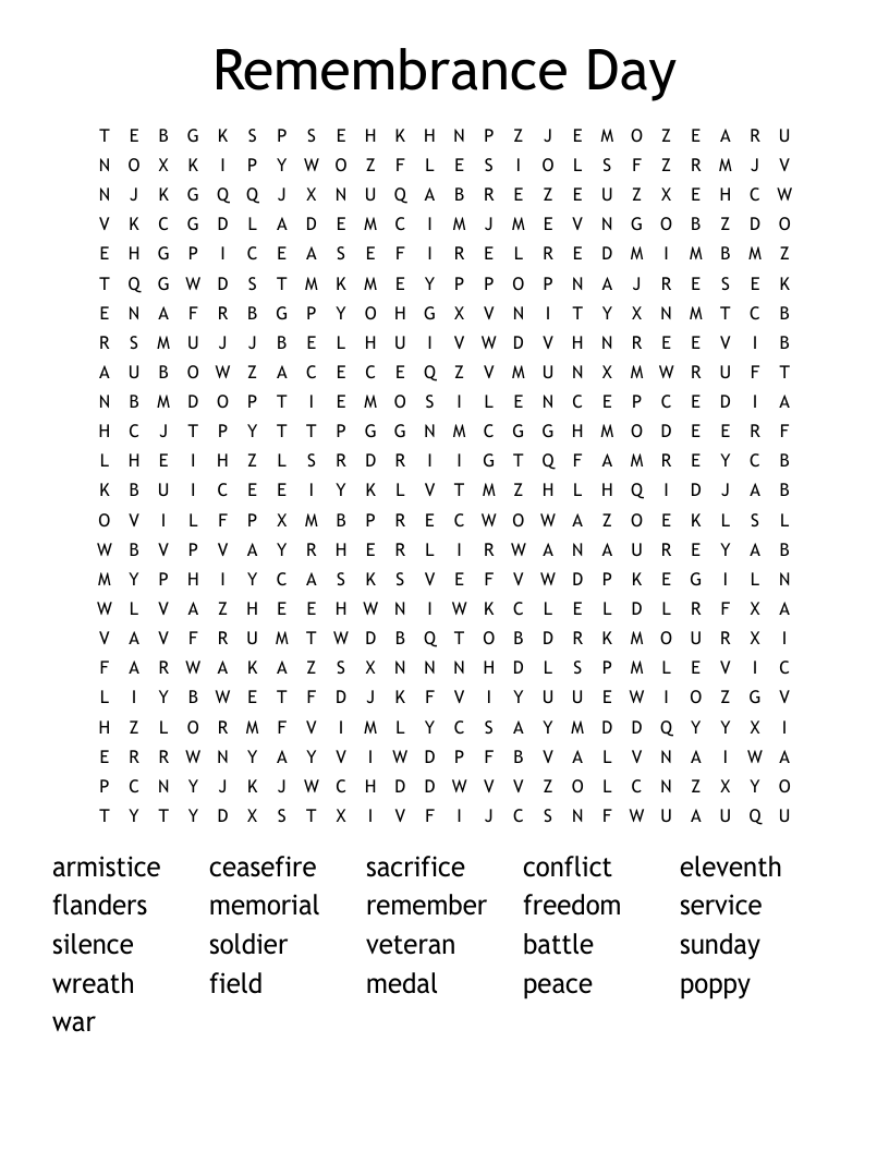 Remembrance Day Word Search WordMint