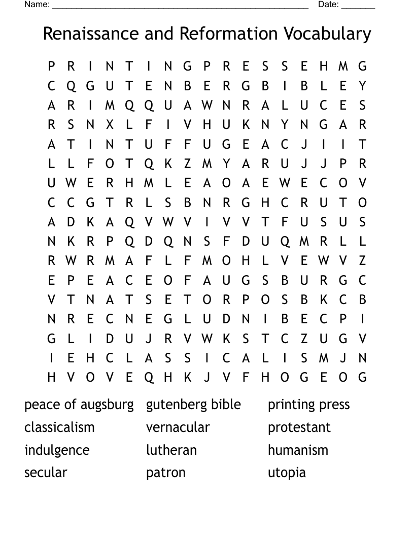 Renaissance And Reformation Vocabulary Word Search WordMint