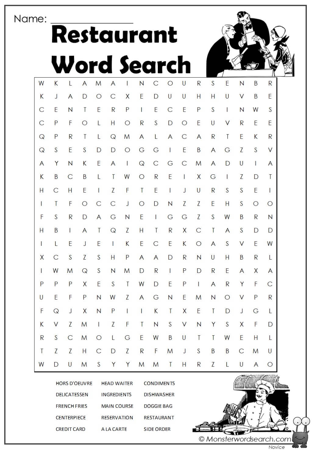 Restaurant Word Search Monster Word Search