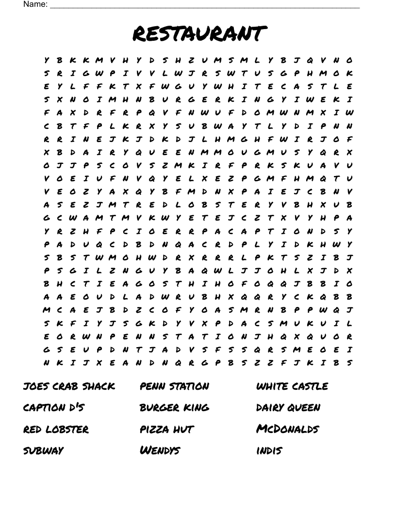 Restaurant Word Search WordMint