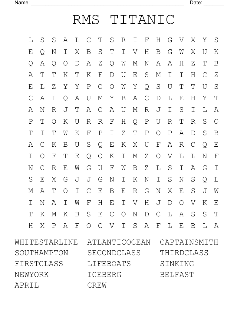 Titanic Word Search Printable
