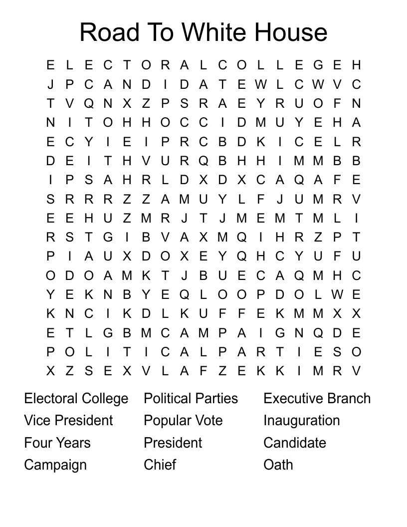 Road To White House Word Search WordMint