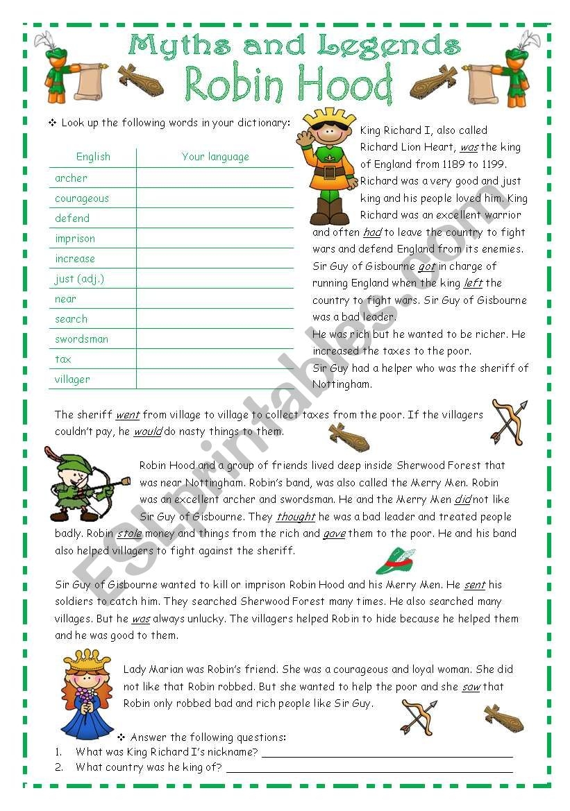 ROBIN HOOD Myths Legends Series 1 ESL Worksheet By Blizzard1