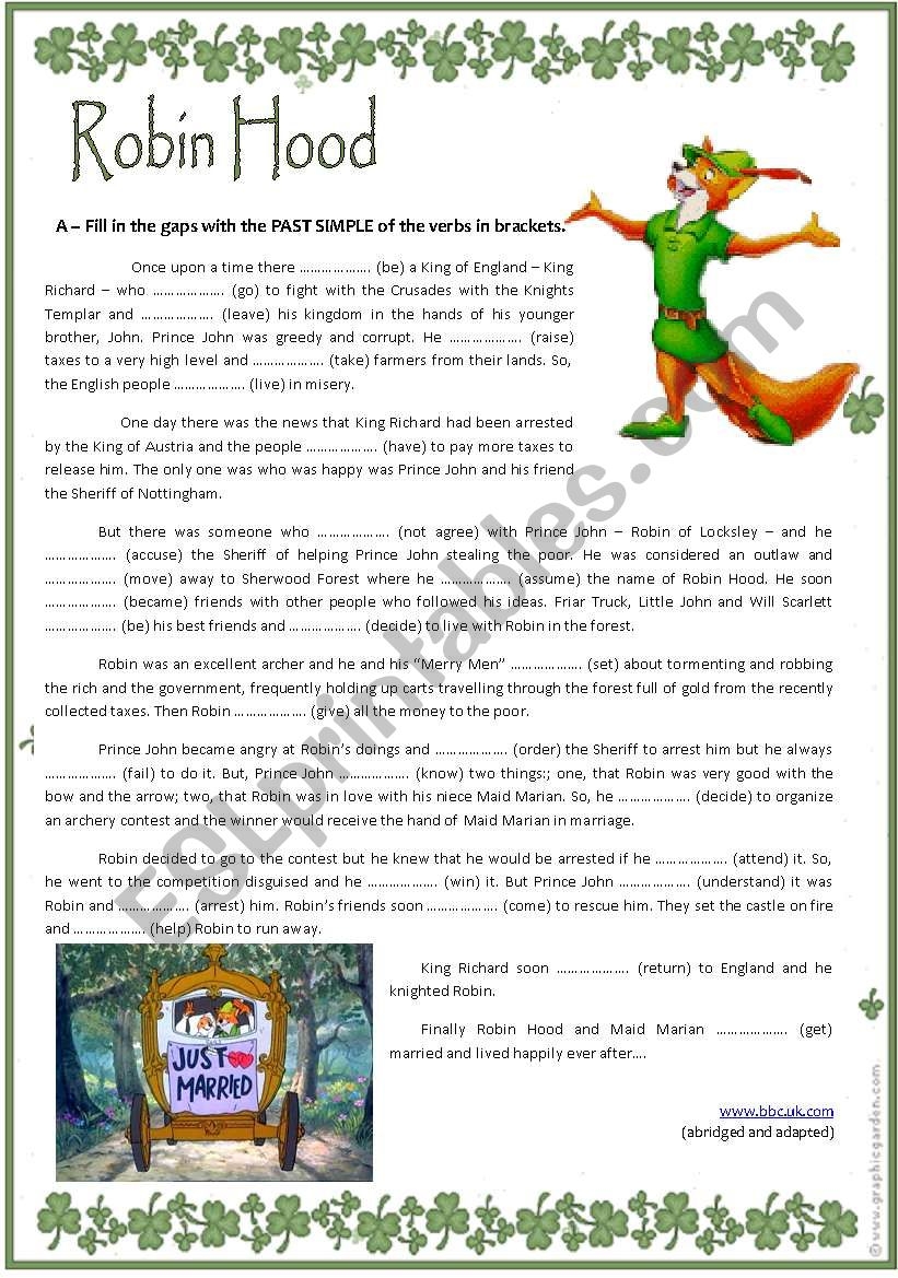 ROBIN HOOD PAST SIMPLE ESL Worksheet By Anafonseca