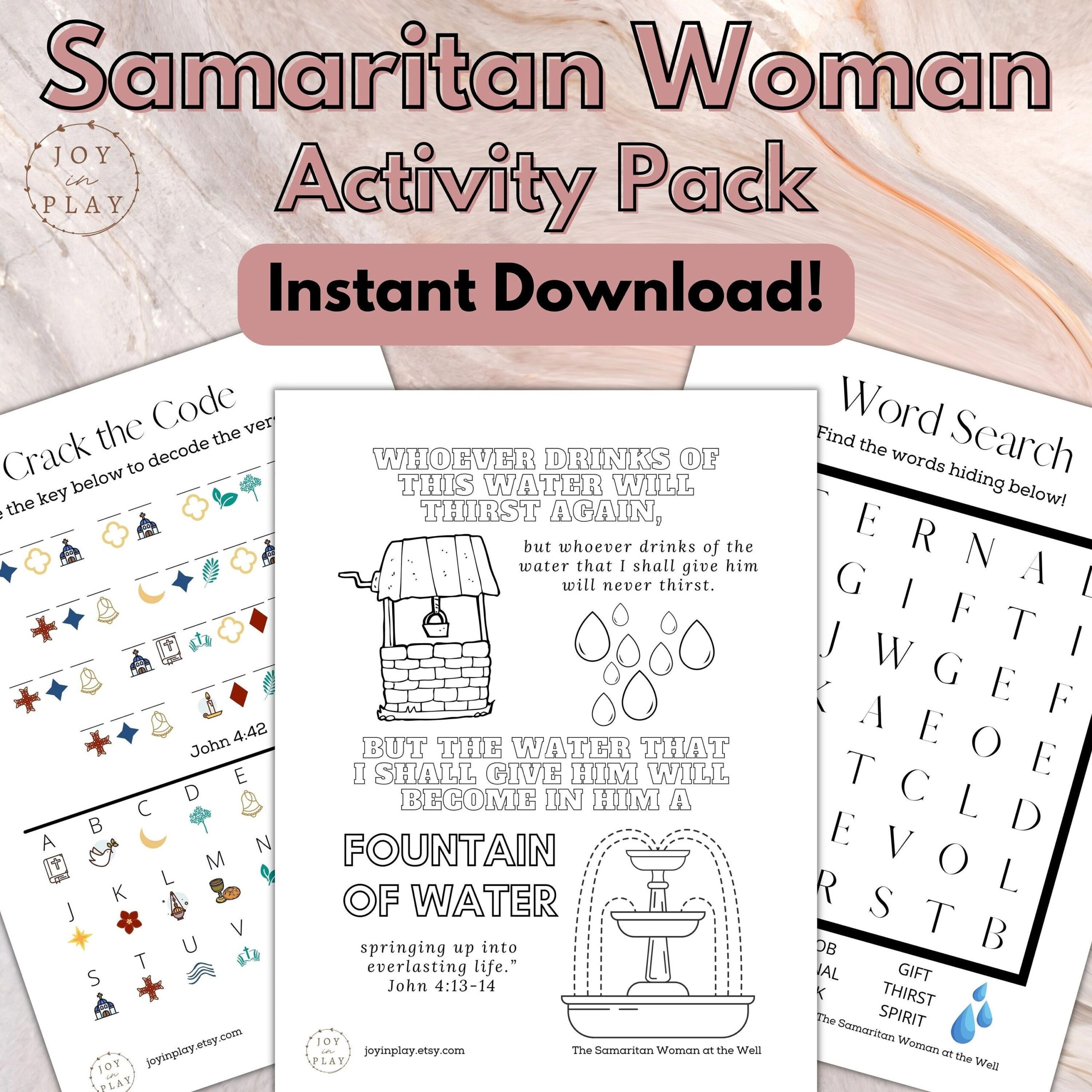 Samaritan Woman At The Well Printable Activity Pack Christian Bible Lesson Word Search Crack The Code Sunday School Homeschool Etsy