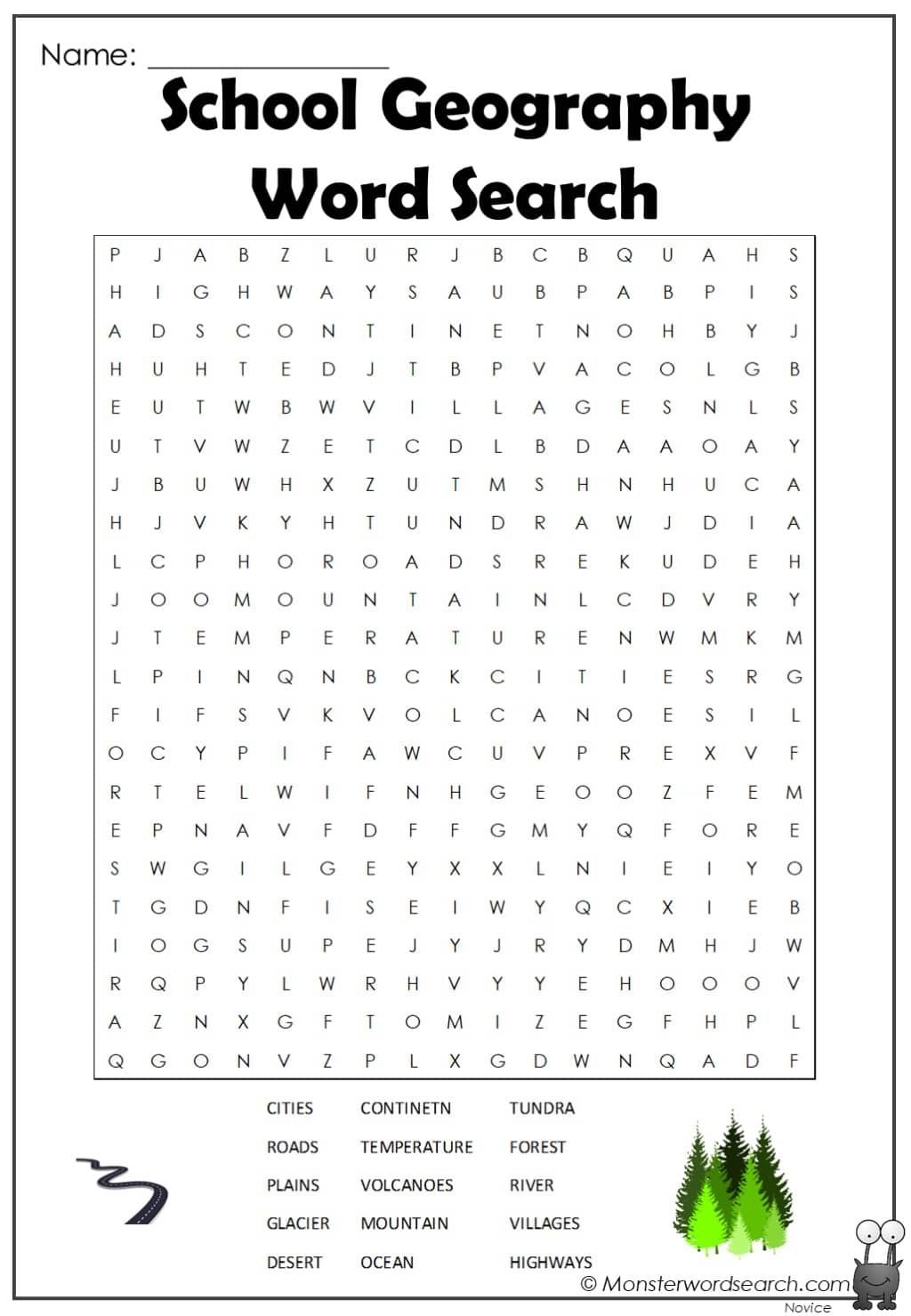 School Geography Word Search Monster Word Search