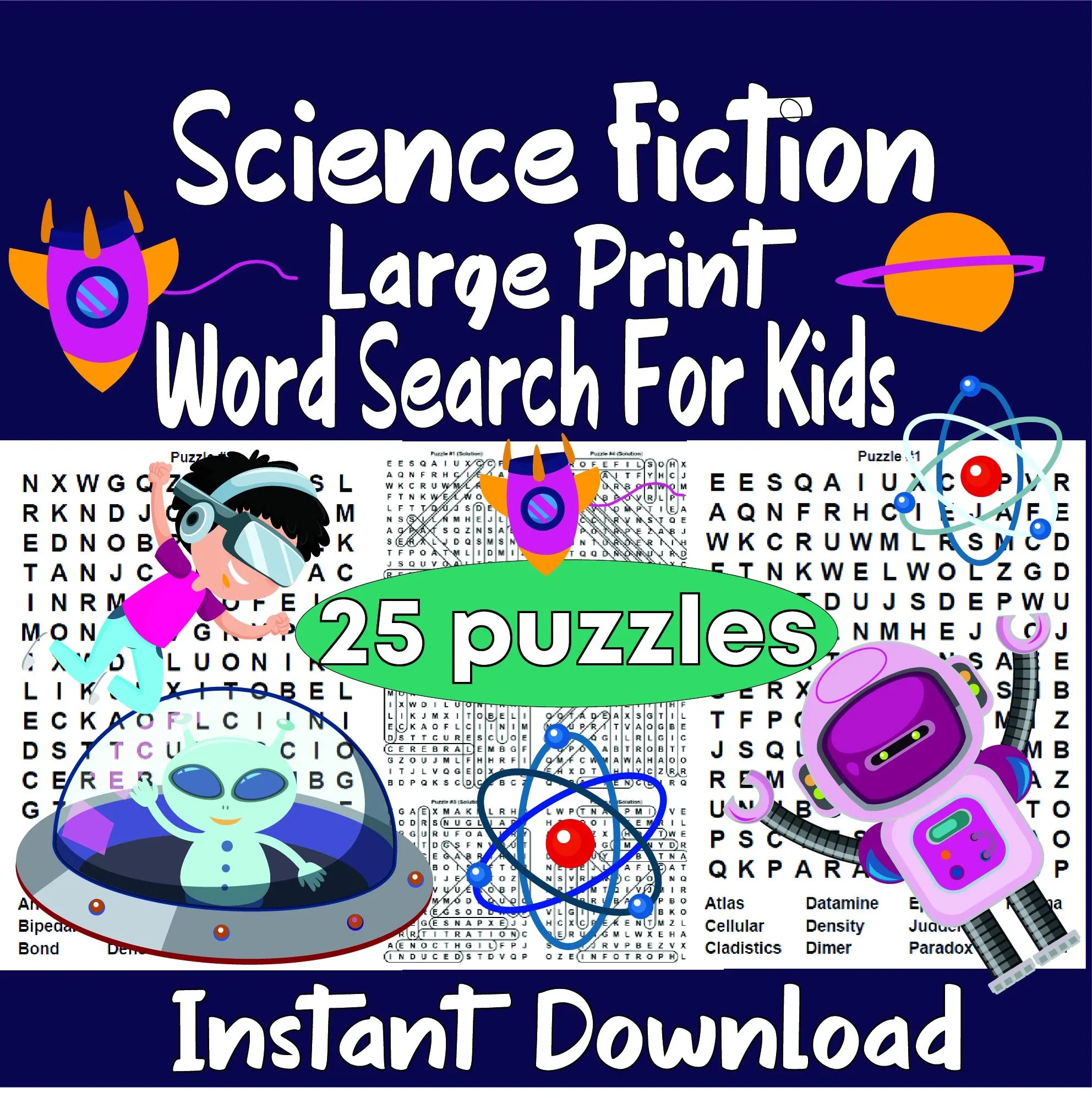 Science Fiction Large Print Word Search For Kids Activity Games For Kids Printable Puzzles For Kids With Solutions instant Download PDF Etsy