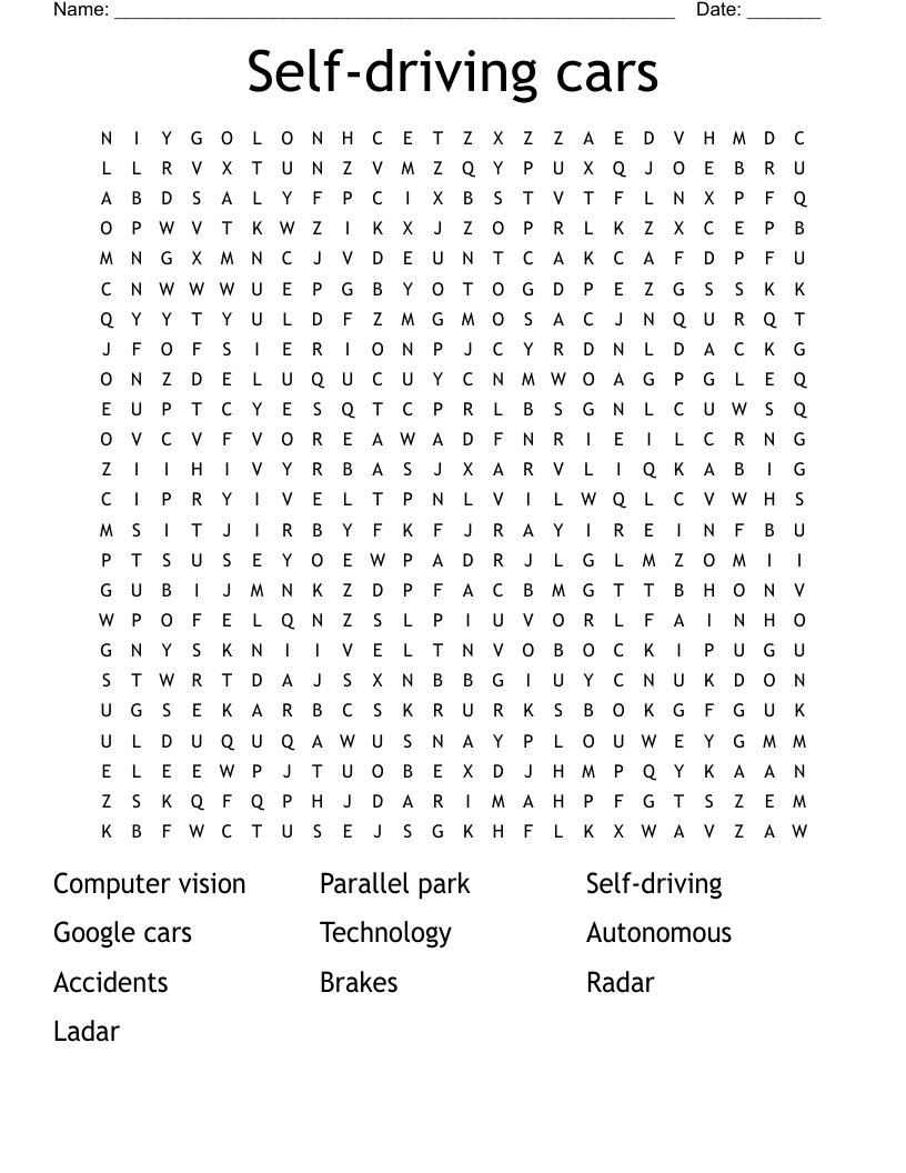 Self driving Cars Word Search WordMint