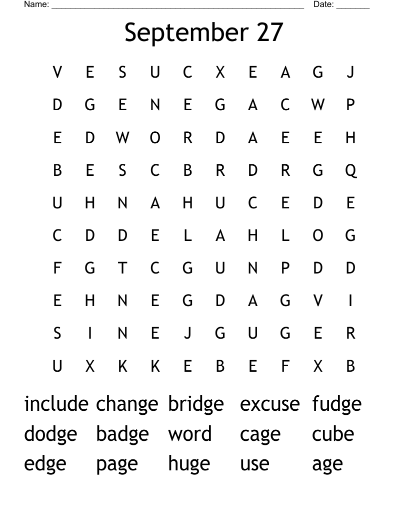 September 27 Word Search WordMint