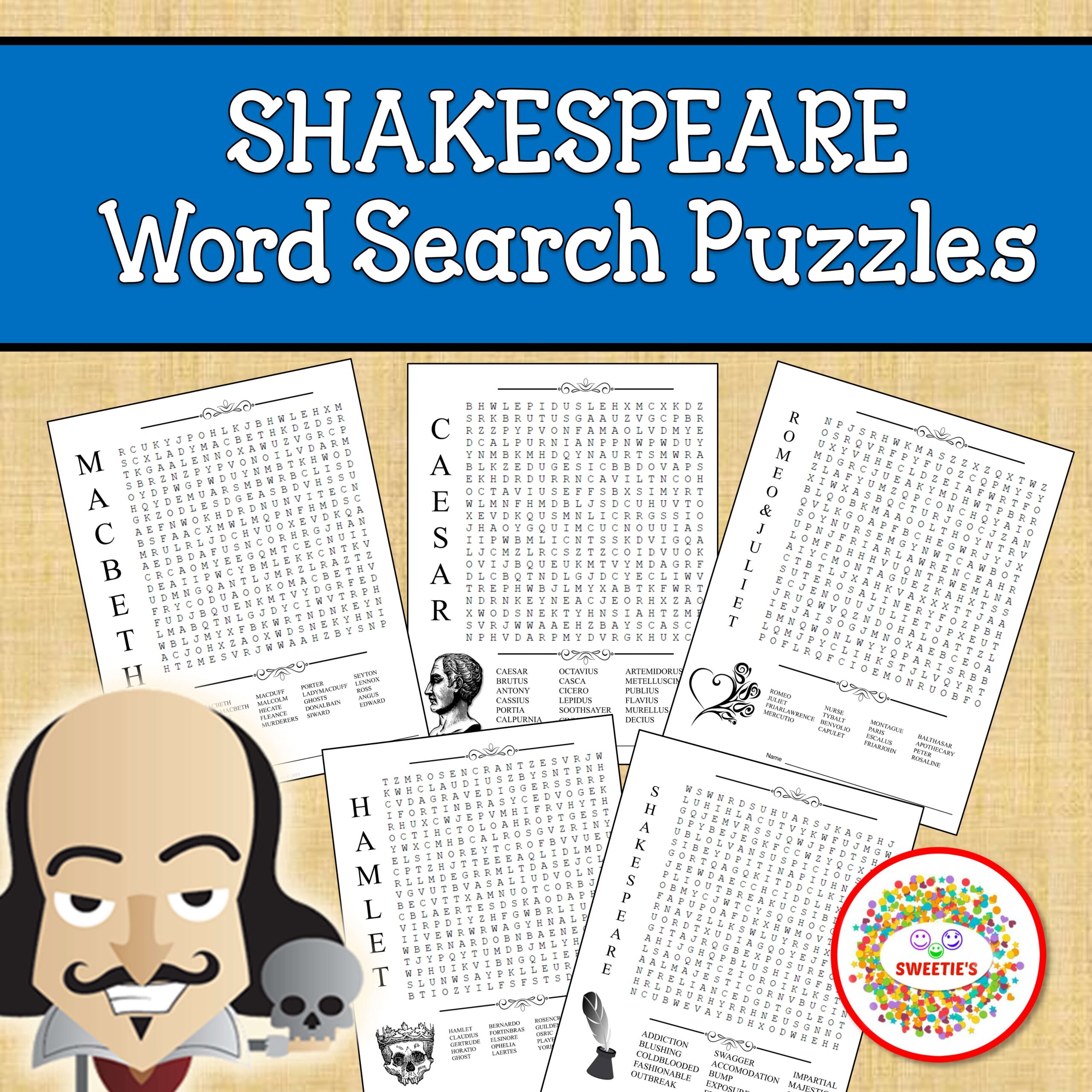 Shakespeare Word Search Puzzles Hamlet Julius Caesar Macbeth Romeo And Juliet Classful