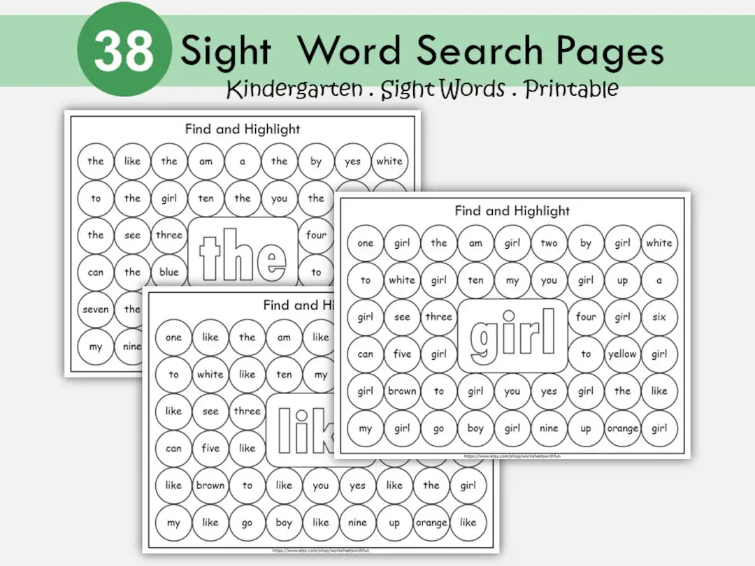 Sight Word Search Worksheets Dab Or Color The Matching Words Pre k Kindergarten Literacy Center High Frequency Words Homeschool Etsy