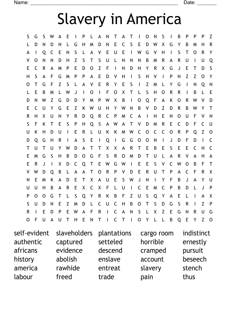 Slavery In America Word Search WordMint