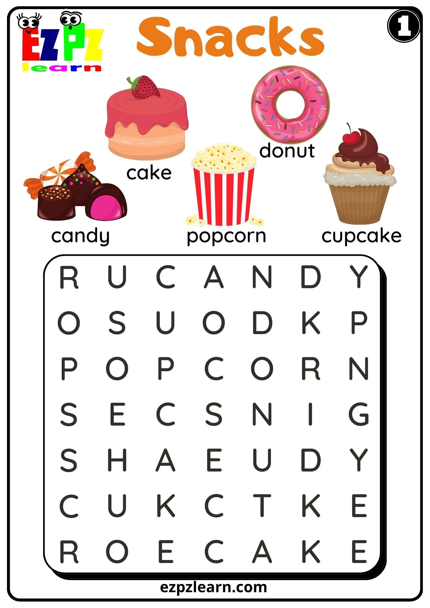 Snacks Word Search For ESL And Kindergarten K5 Free PDF Download Set 1 Ezpzlearn