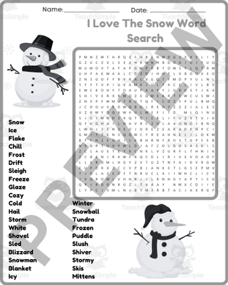 SNOW DAY Winter Word Search Puzzle Worksheet 3rd 4th 5th 6th Grade By Teach Simple