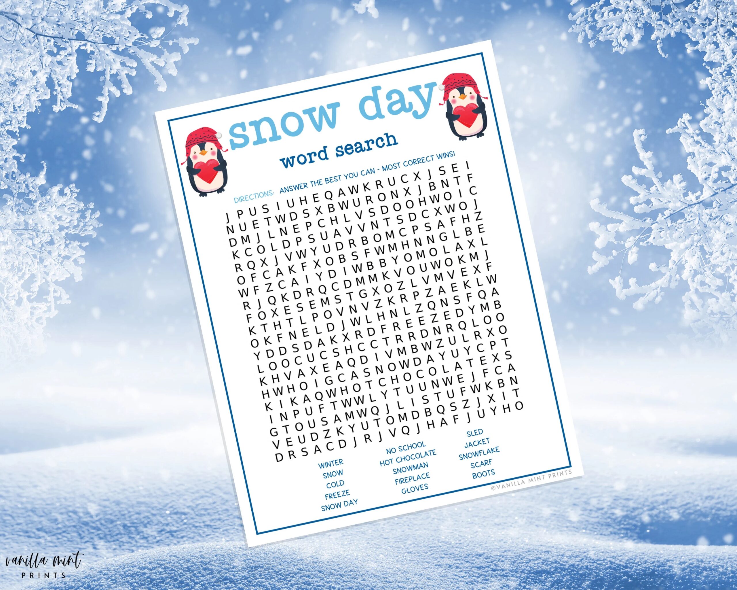 Snow Day Word Search Game Fun Printable Winter Games Wintertime Activities For Kids Christmas Cold Weather Activity No School Etsy