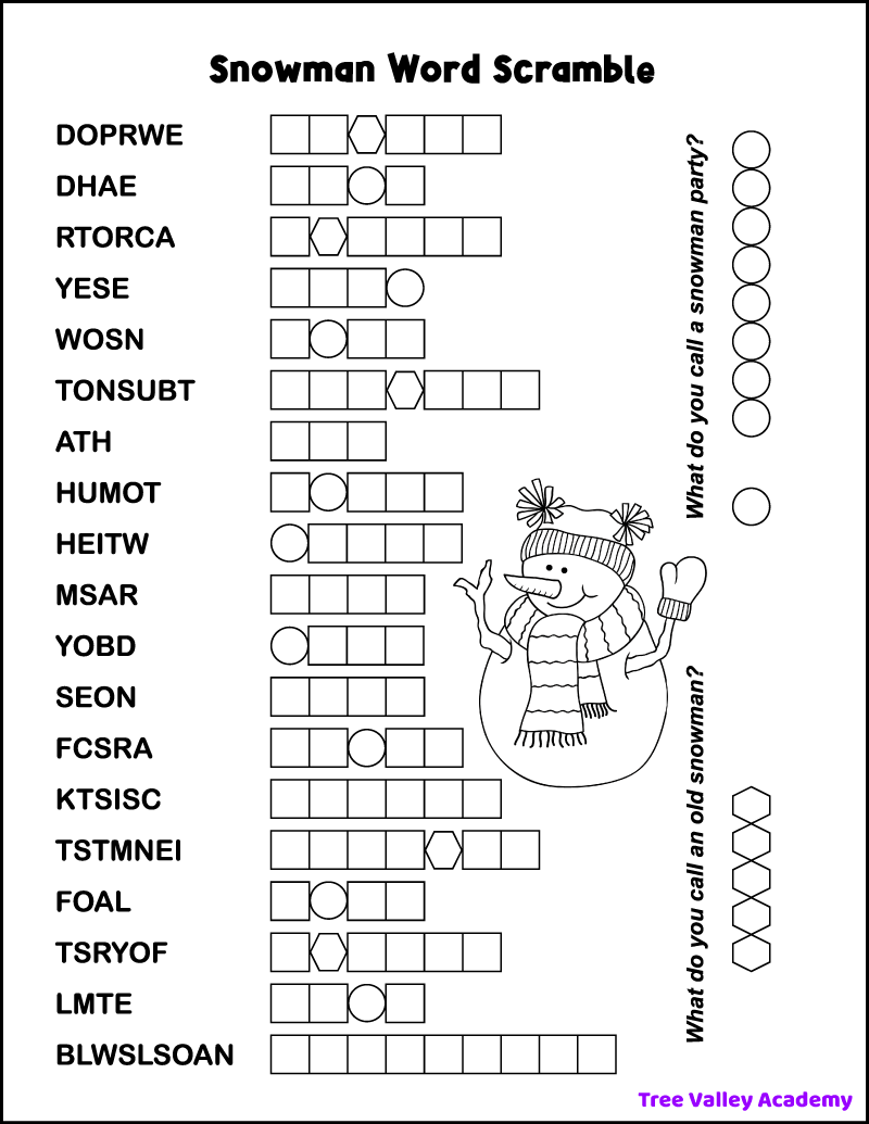 Snowman Word Scramble Tree Valley Academy
