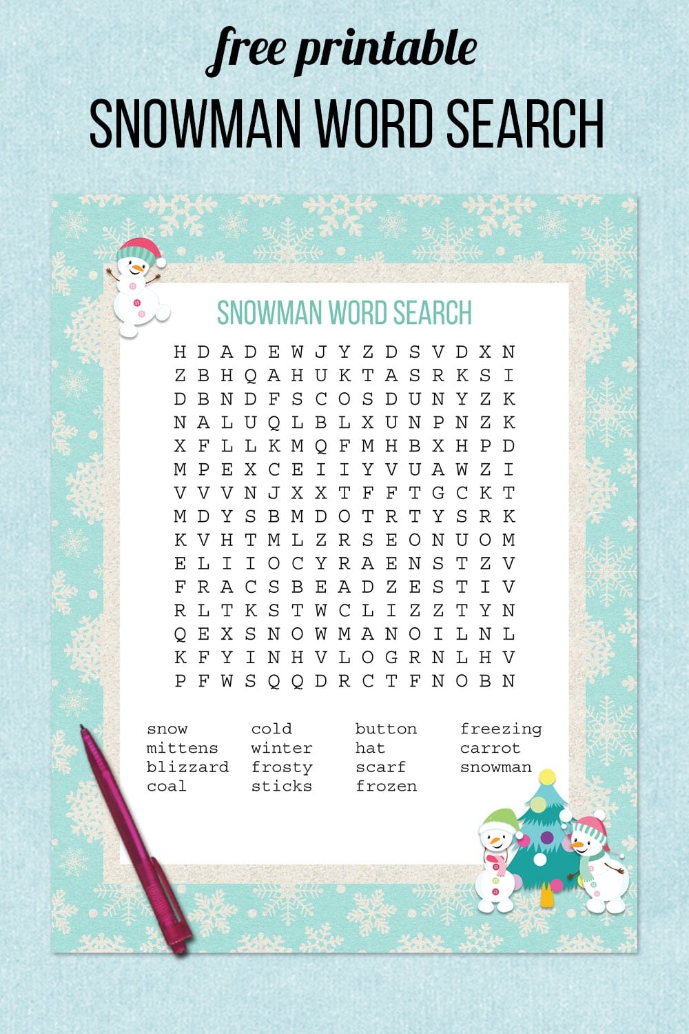 Snowman Word Search Free Printable