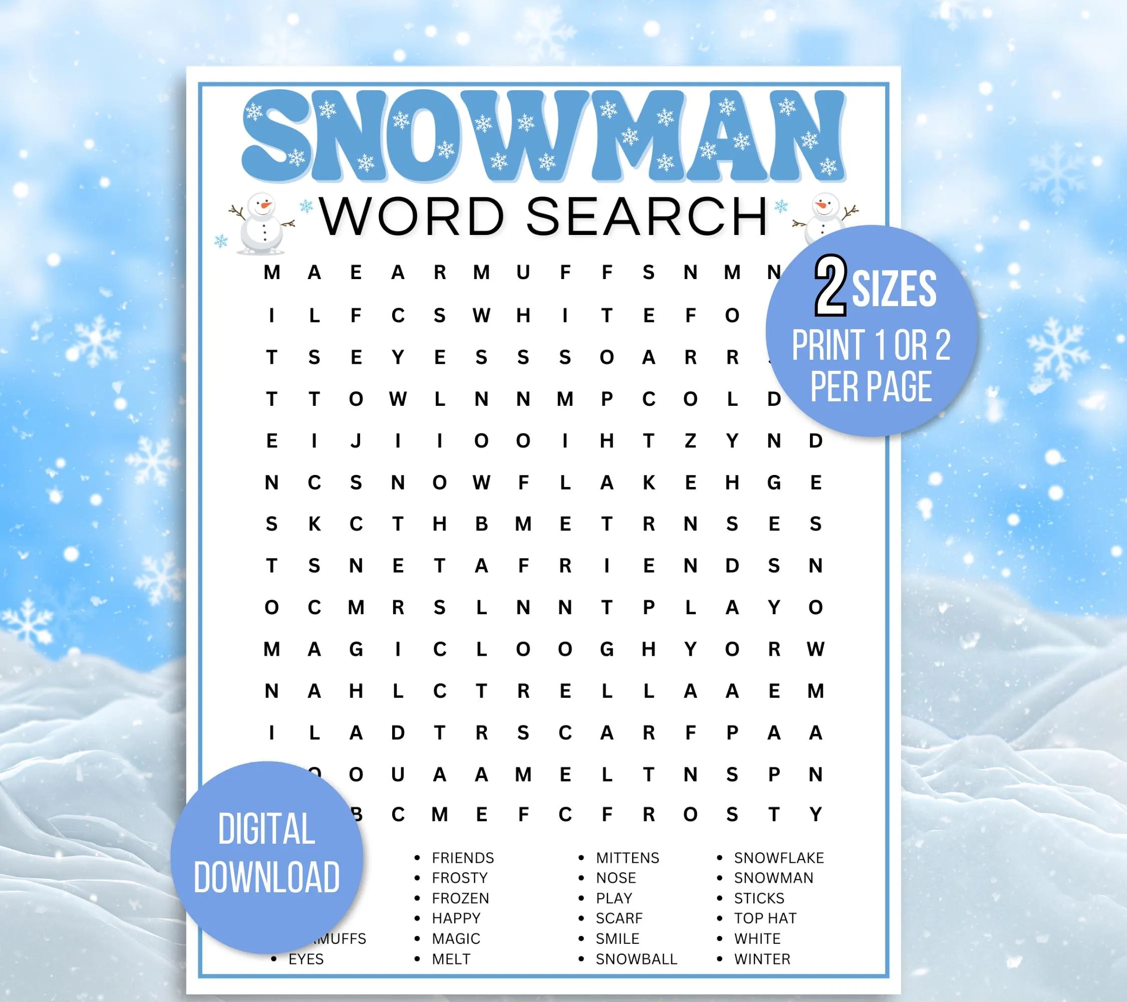 Snowman Word Search Fun Snowman Game Printable Snowman Game Snowman Game For Kids Christmas Family Game Snowman Worksheet Etsy