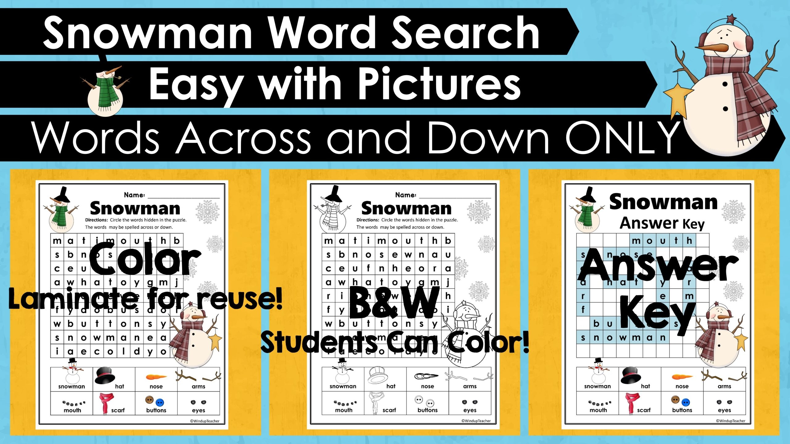 Snowman Word Search Primary Version With Pictures Easy Winter Puzzle Made By Teachers