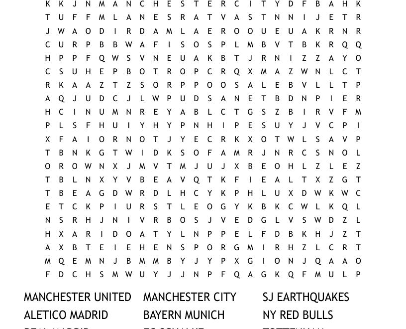 Soccer Teams Word Search WordMint