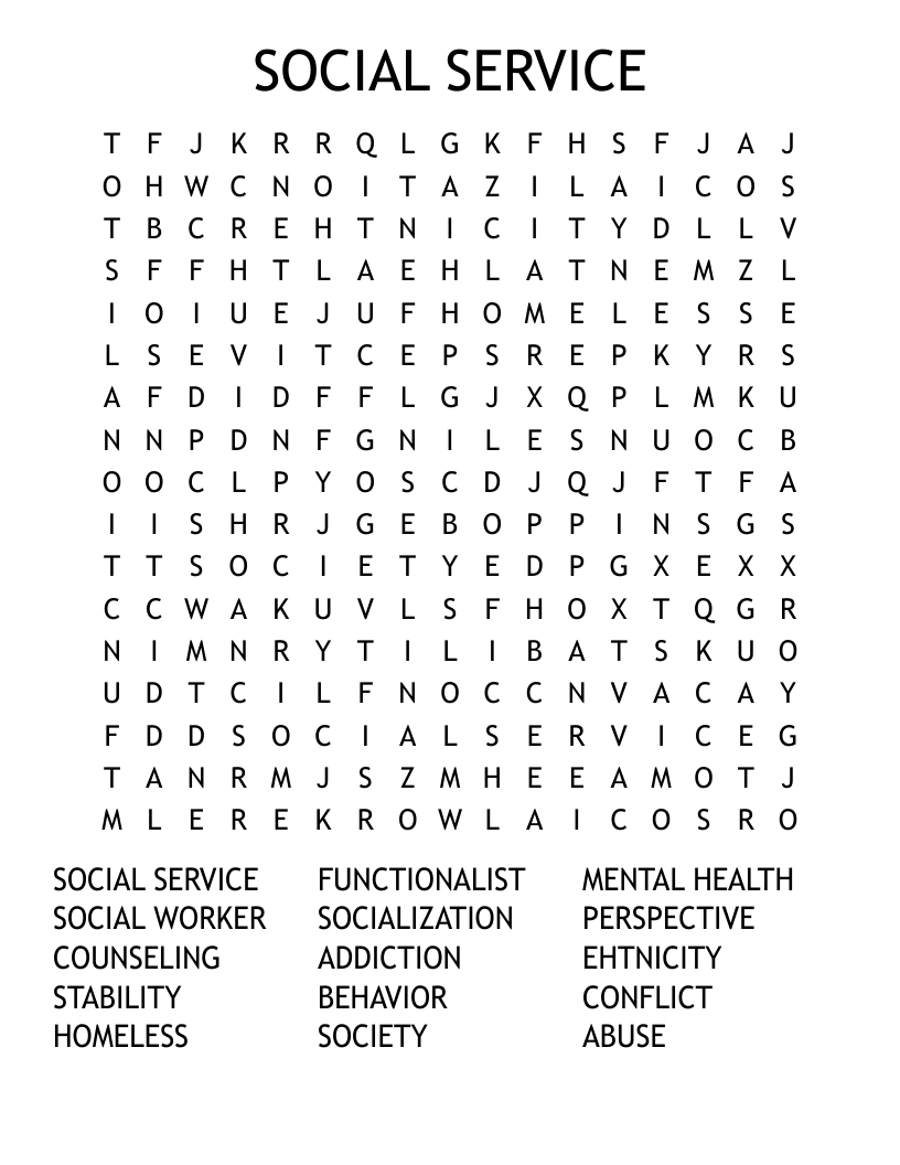 SOCIAL SERVICE Word Search WordMint