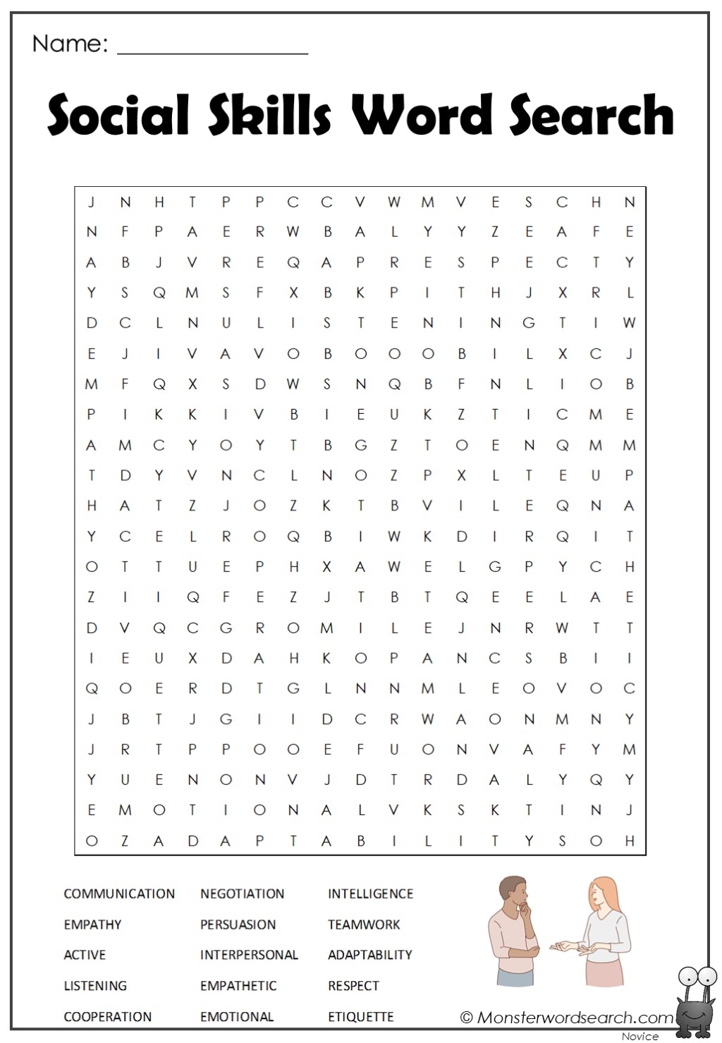 Social Skills Word Search Monster Word Search
