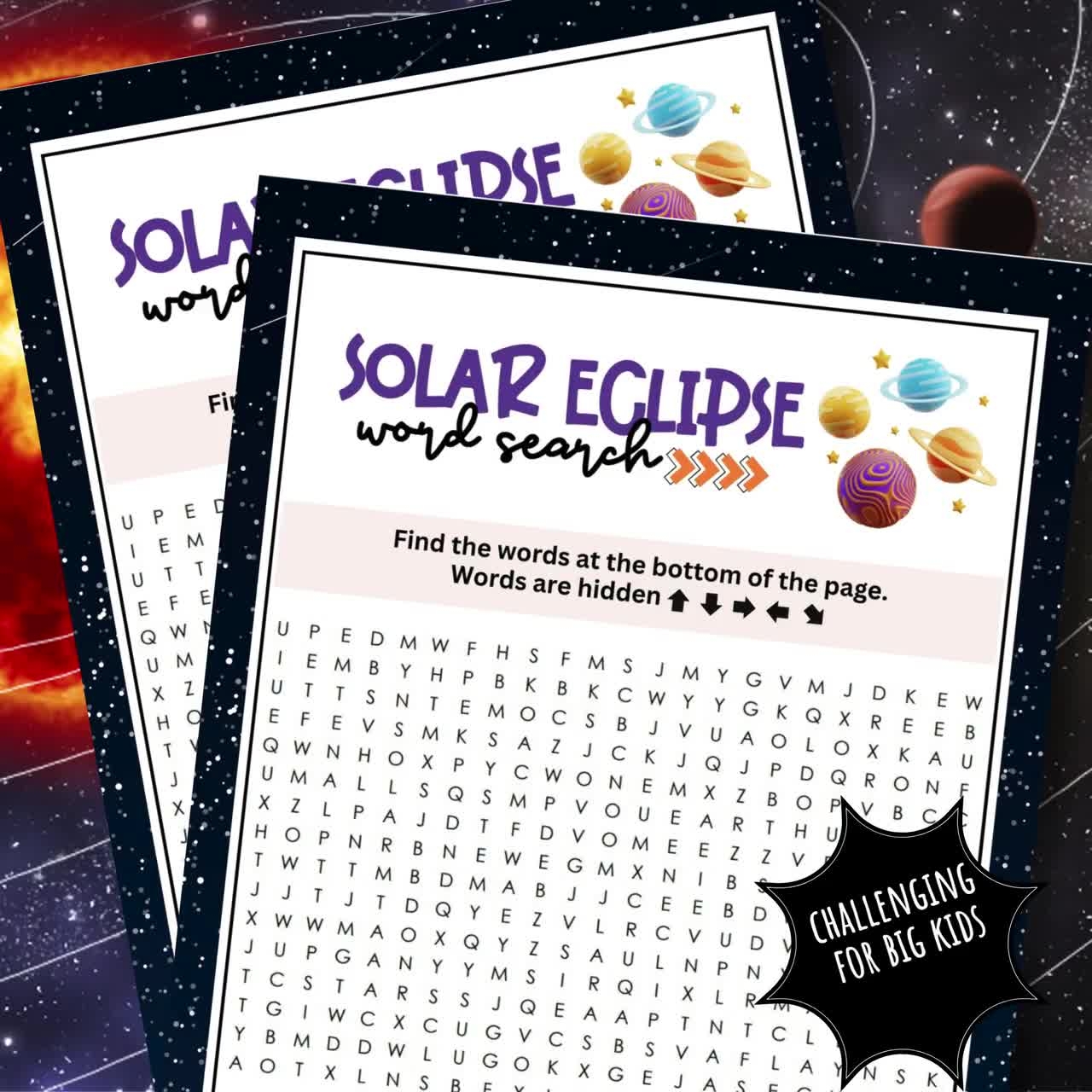 Solar Eclipse Word Search HARD Printable PDF Game Activity For Older Kids Teens And Adults To Celebrate Astronomy Science Meteorology Etsy