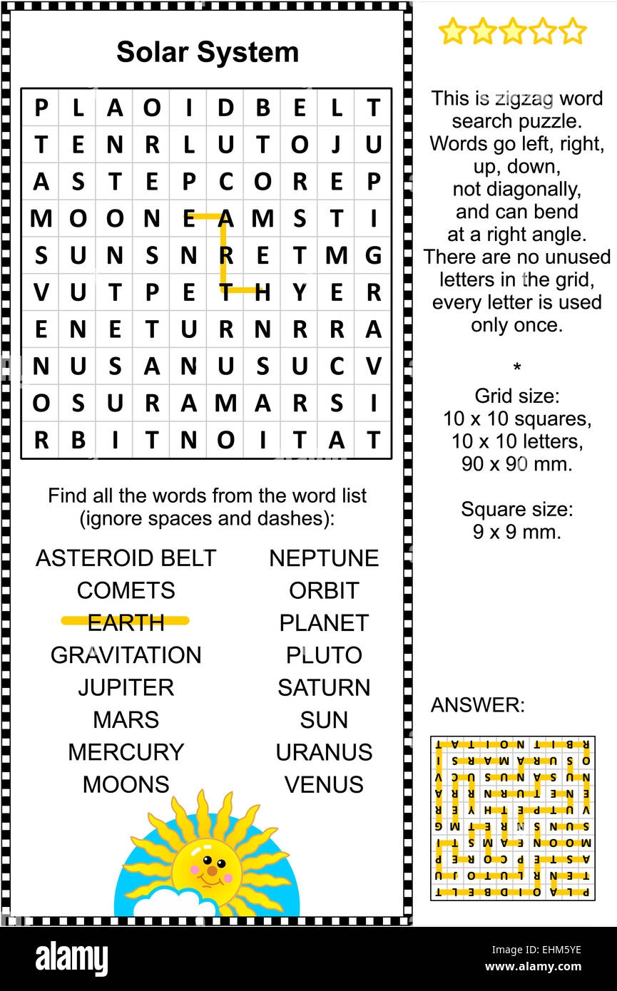 Solar System Themed Zigzag Word Search Puzzle suitable Both For Kids And Adults Answer Included Stock Photo Alamy