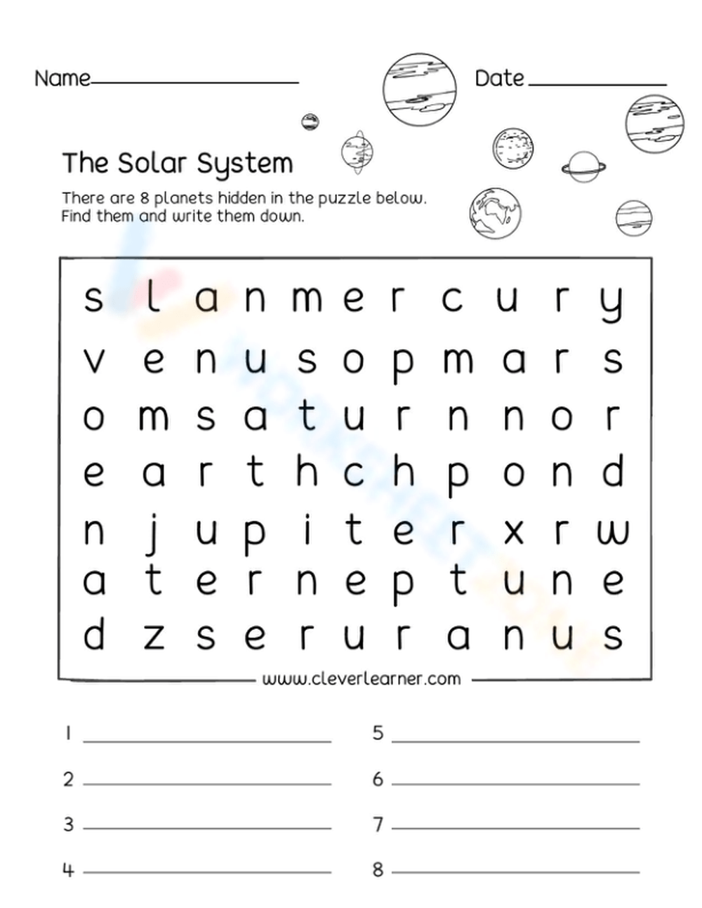 Solar System Word Search Fun Worksheet