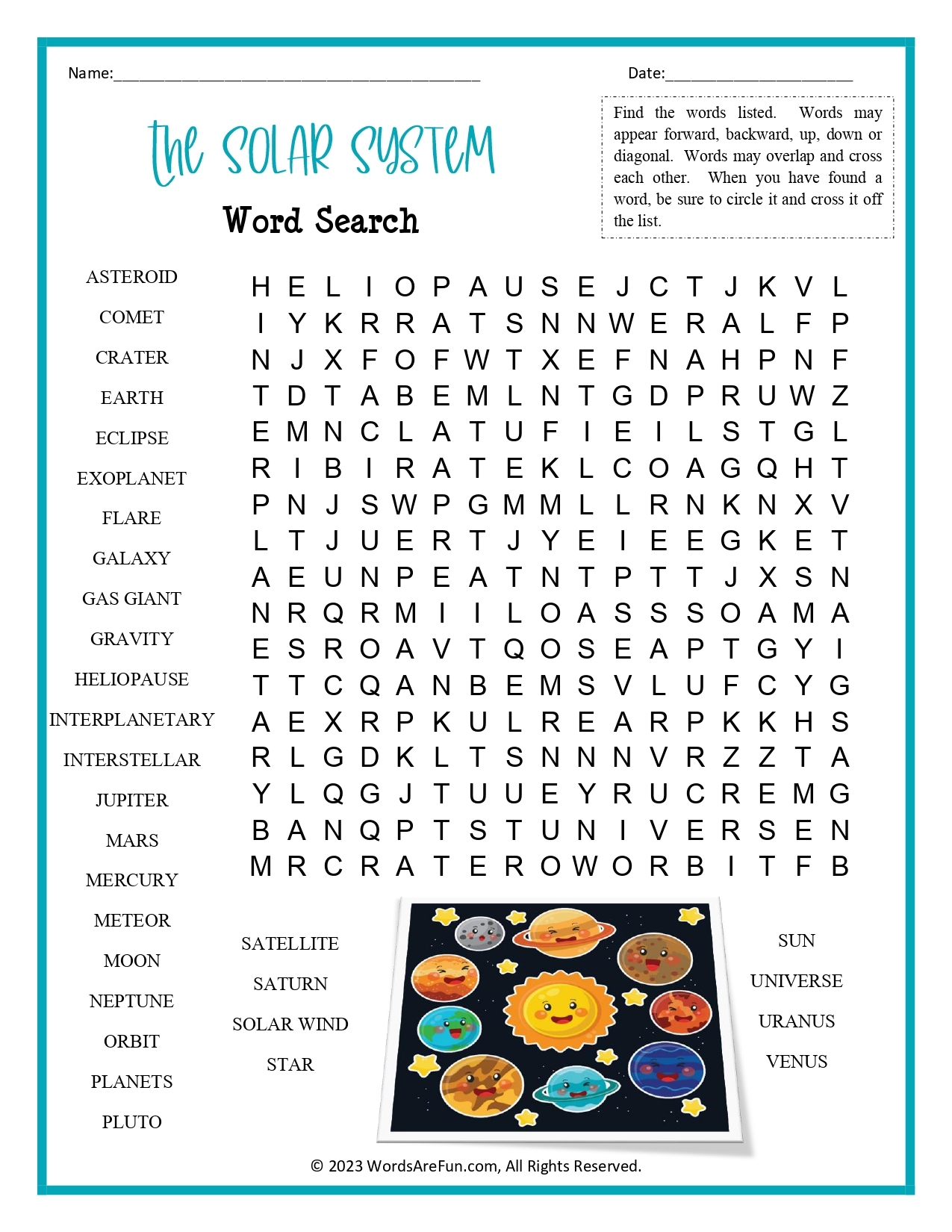 Solar System Word Search Printable Worksheets Library