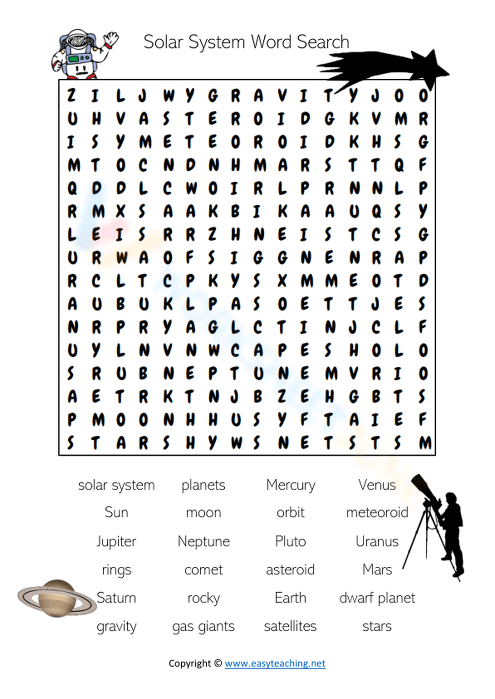 Solar System Word Search To Learn Planets Worksheet