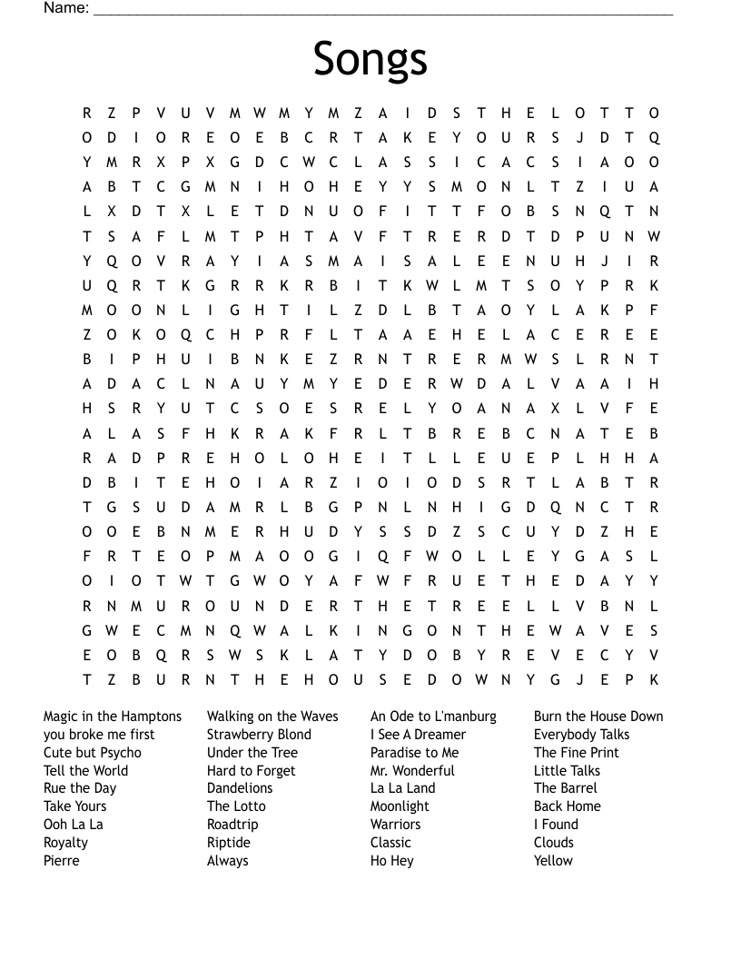 Songs Word Search WordMint