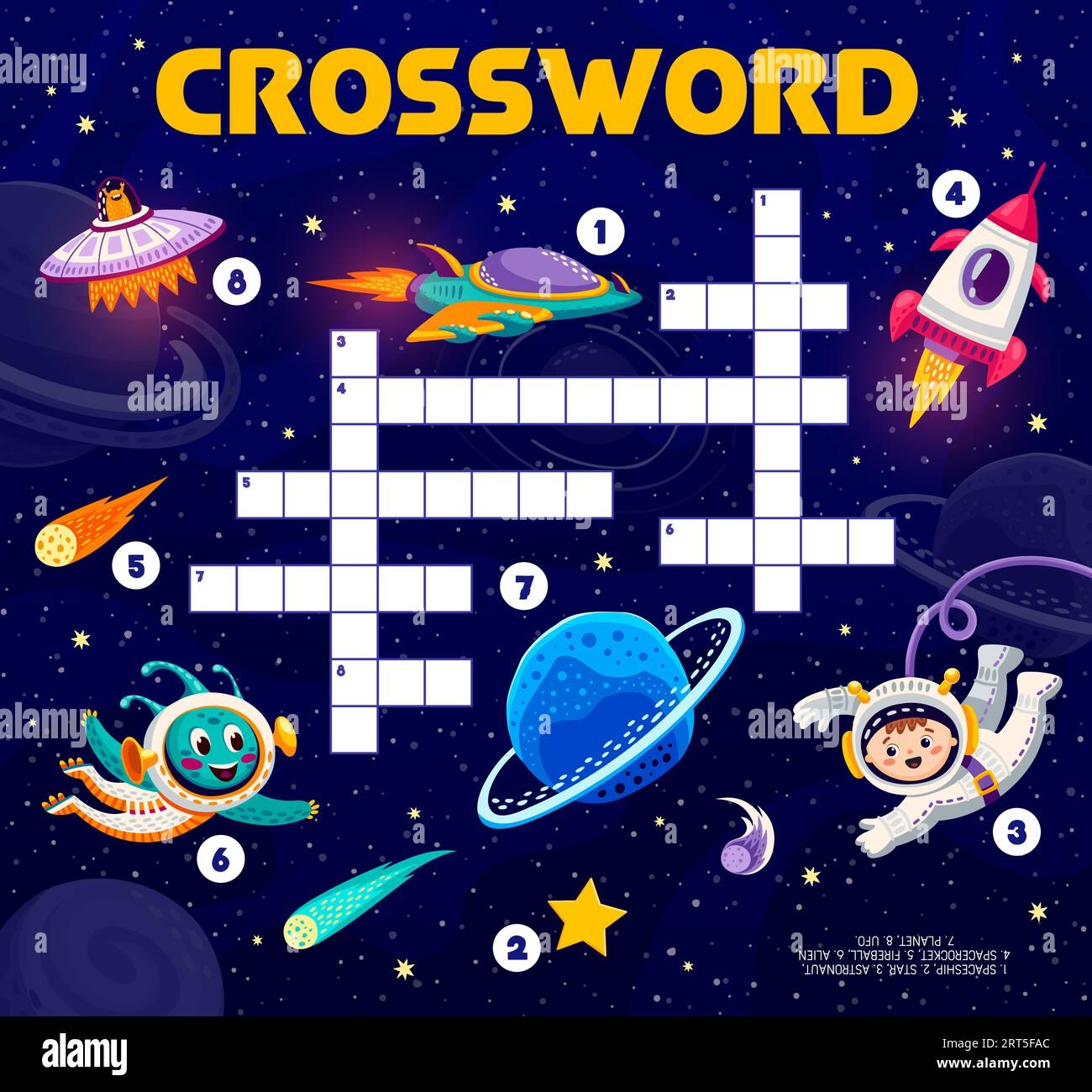Space Crossword Quiz Game Word Search Riddle Crossword Game Vector Worksheet Or Vocabulary Kids Playing Activity With Alien And Boy Astronauts Cheerful Characters Spaceship Flying In Outer Space Stock Vector Image 