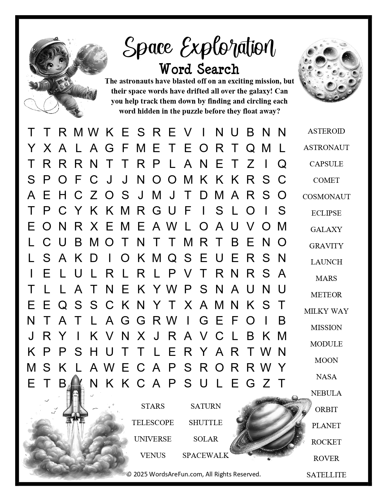 Space Exploration Day Word Search Printable For Kids STEM Science Activity Payhip