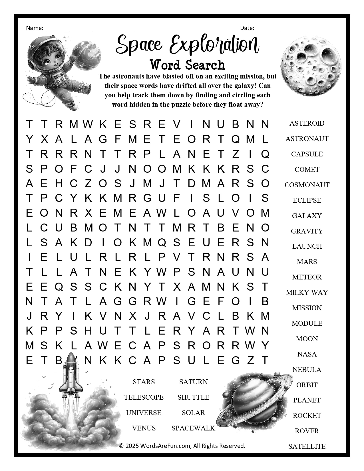 Space Exploration Day Word Search Printable For Kids STEM Science Activity Payhip