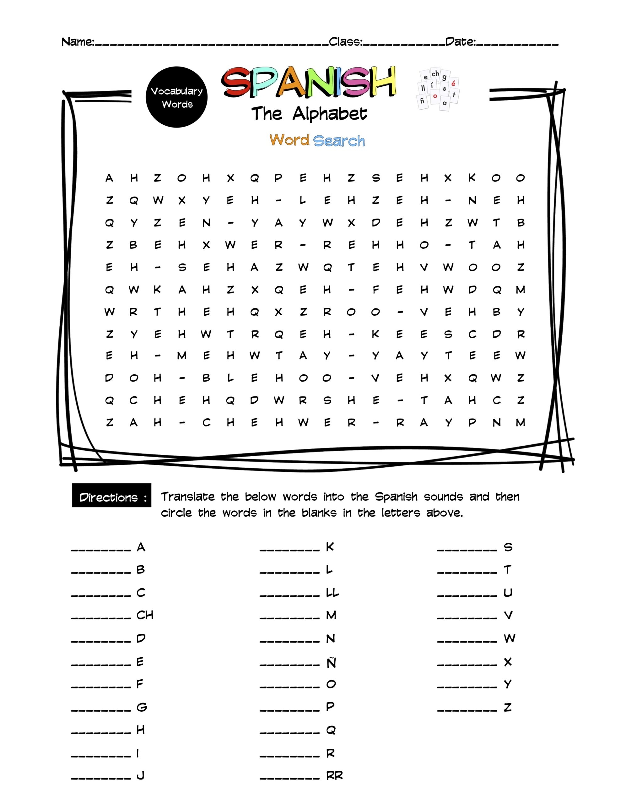 Spanish Alphabet Vocabulary Word Search Worksheet Answer Key Made By Teachers