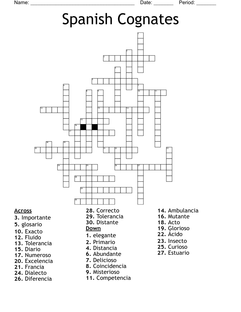 Spanish Cognates Crossword WordMint